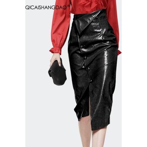 Fashion Black PU Leather Pencil Skirt Women' Autumn New High Waist Knee-Length Midi Skirts Side Split Gorgeous One Step Skirts