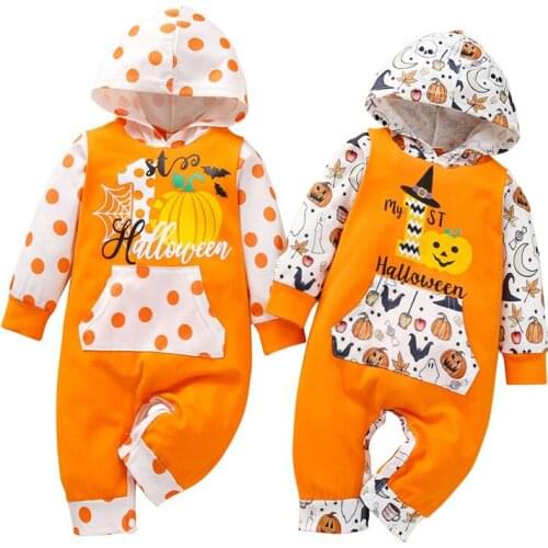 Toddler Babys Clothes Halloween Jumpsuit Dots/Pumpkin Hooded Long Sleeves Romper With Buttons For Toddler Girls Boys Costumes