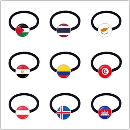Palestine,Thailand,Cyprus,Egypt,Colombia,Tunisia,Austria,Iceland,Cambodia National Flag Glass Cabochon Elastic Hair Bands Women