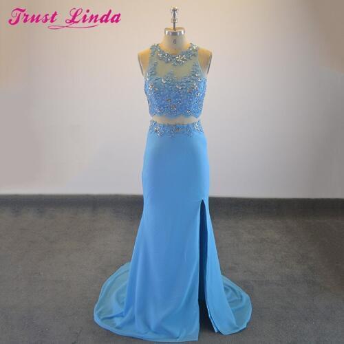 Sexy Blue Chiffon Sleeveless O-Neck Bridesmaid Dresses High Slit Beading Appliques Floor Length Prom Dress Party Wear Gowns