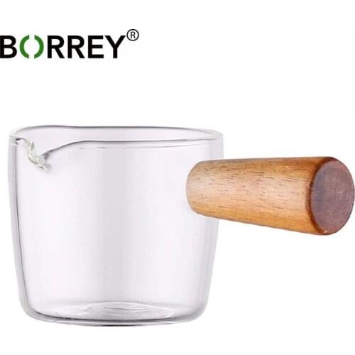 BORREY Transparent Glass Coffee Pot Milk Pan Mini Heat-resistant Glass Cooking Pot with Wood Handle Sauce Gravy Boat Butter Pan