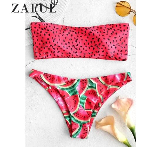ZAFUL Watermelon Bandeau Bikini Set Siwmwear Women High Waisted Swimsuit Sexy Padded Fruit Watermelon Bathing Suit Biquni