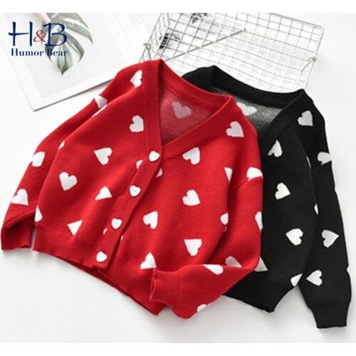 Humor Bear Girls Knitted Cardigan Winter Autumn Long Sleeve Warm V-Collar Heart Pattern Printed Kids Sweater For 2-5Y