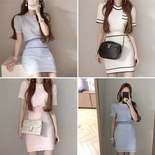 South Korea Chic Summer Ice Silk Knitting-Sweater Two Suit High Temperament Round Collar Package Hip Thin Women Mini Skirts Sets