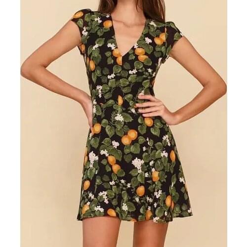2021 Summer women short sleeve Receive waist mini Dress French floral dresses vintage Printed Deep V Neck Low-cut Retro vestidos