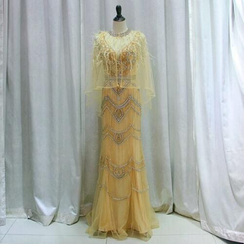 Luxurious Gold V-Neck Beading Mermaid Sexy Evening Dresses 2020 Sleeveless Feathers Shawl Yarn Formal Dress LE4017