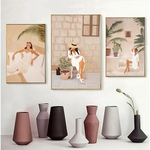 Abstract Fashion Girl summer Read stairs Rest Wall Art Canvas Painting Nordic Posters And Prints Decor Pictures For Living Room