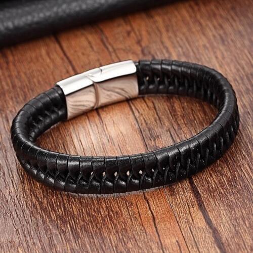 Bracelets & Bangles Chain Bracelet Men Stainless Steel clasp Rope Bracelet Genuine Leather Bracelets for men Braid leather