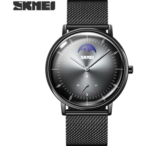 SKMEI Mesh Belt Quartz Watch Fashion Mens Watches Luxury Moon Phase Quartz Wristwatches Business Men Watch Clock Simple Design