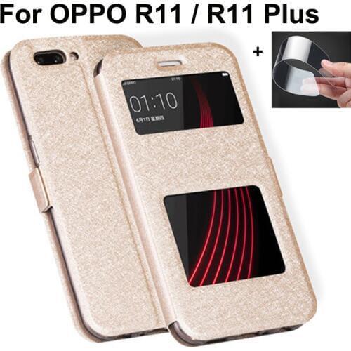 Open window leather case For OPPO R11 cover For OPPO R11 plus phone cases For OPPO R11Plus flip case OPPOR11 plus back cover