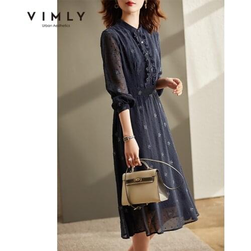 VIMLY Chiffon Dress 2021 Autumn Long Sleeve A-line Embroidery Stand Collar Midi Dresses Female Elegant Vestido Rebo F8721