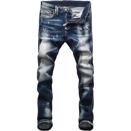 European American Street Fashion Men Jeans Retro Blue Elastic Slim Ripped Jeans Men Embroidery Designer Hip Hop Denim Punk Pants