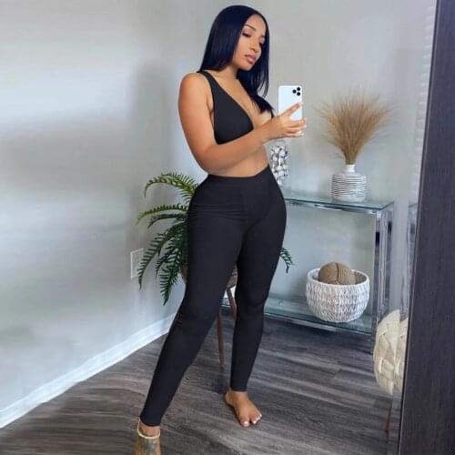 Yoga set Sexy 2 Piece Set V Neck Cropped Top and Pants Leggings Ribbed Knit Casual Suit Women Workout Femme Tracksuits
