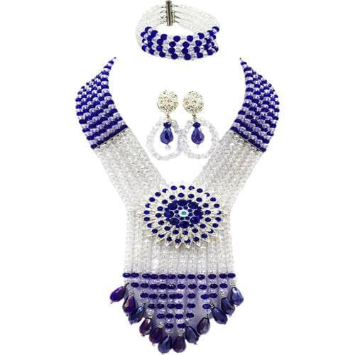Royal Blue Clear AB African Beads Jewelry Set Crystal Necklace with Big Flower Brooches Nigerian Wedding Accessories 6SDLS04