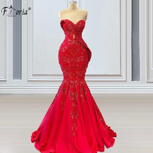 Red Mermaid Wedding Dresses Dubai Beading Satin Bridal Gowns Strapeless Engagement Dresses For Women Vestidos de Fiestas