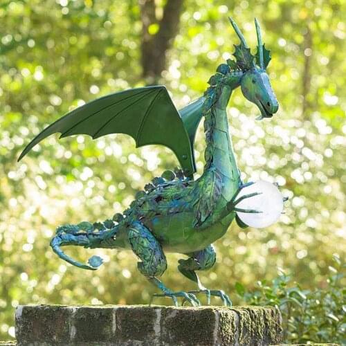 Solar Green Dragon Dinosaur Statue Lamp Pearl Green Dragon Resin Table Lamp Outdoor Garden Decoration for Patio Yard Lawn Balcon