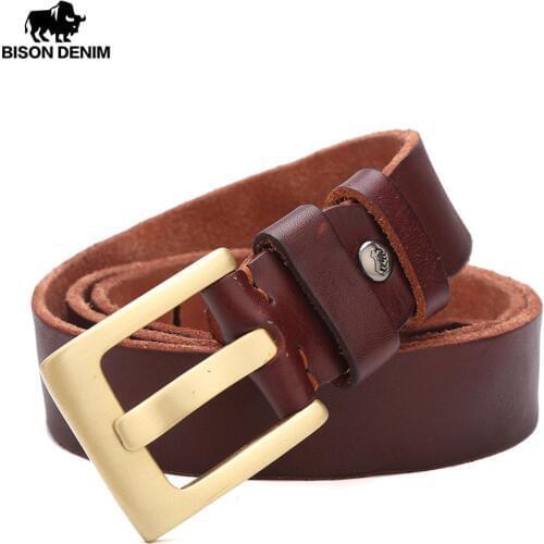 BISON DENIM Mens Belt Genuine Leather Belt Cowhide Pin Buckle Vintage Jeans Cowskin Leather Belts For Men N71027