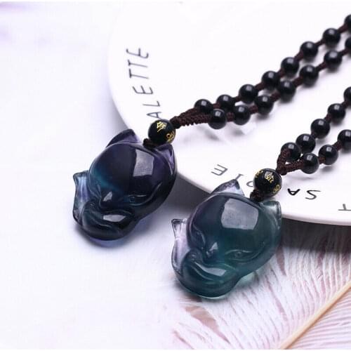Natural stone crystal color fluorite fox nine-tailed fox pendant necklace