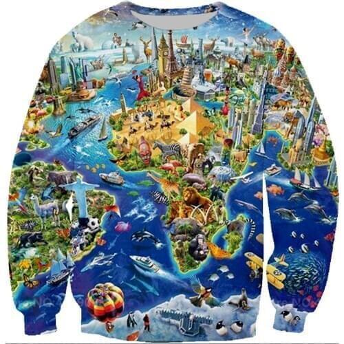 New World Map and Animals Sweatshirts 3D Print Jacket Men/women Cool Pullovers Hoodies Boys Long Sleeves Streetwear Clothes Tops