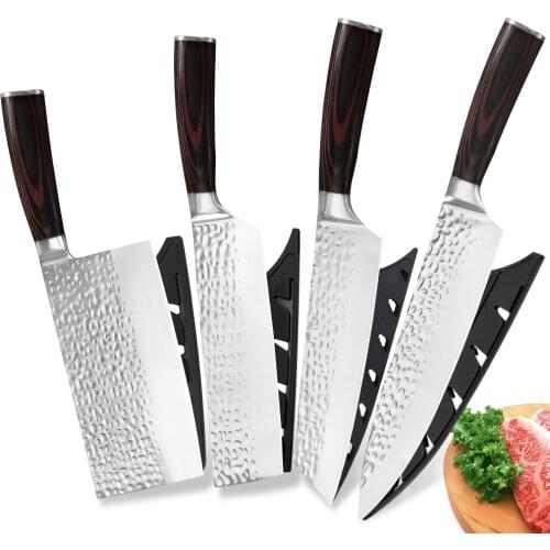 Stainless Steel Kitchen Knife 4 Pcs Set Cleaver Forged Crepe Anti-Food Sticks Blade Knife Nakiri Chef Knife Gift Sheath Cover