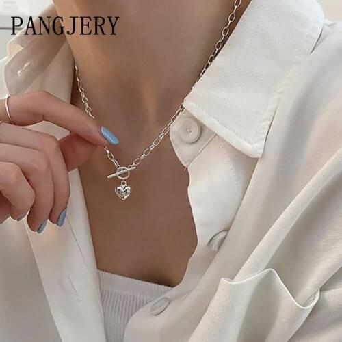 PANGJERY 925 Sterling Silver Chain Necklaces for Women INS Fashion Simple Elegant OT Buckle LOVE Heart Anniversary Jewelry Gifts
