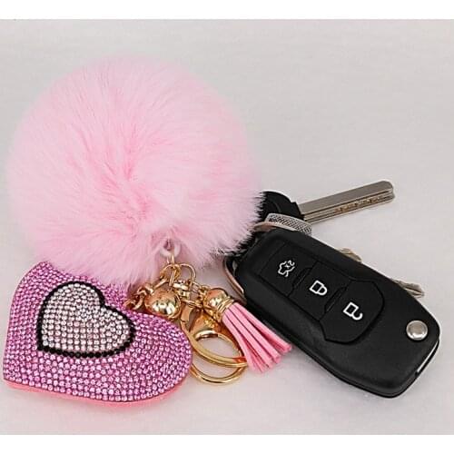 Pompom Keychain Rhinestone Heart Womens Bags Key Ring Handmade Accrssories Keychains Pendants Charming Suspension Decoration
