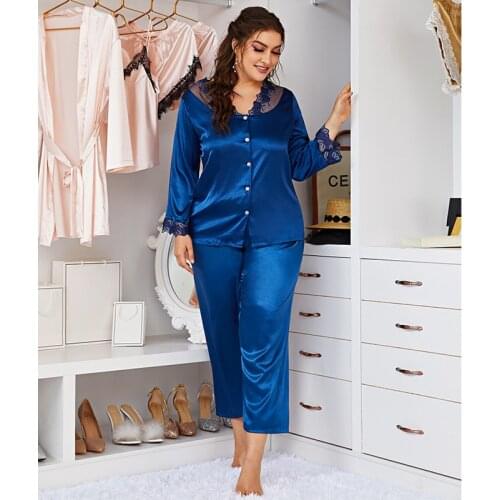 Plus Size 2 Piece Set Women 4XL Summer Solid Sexy Lace Long Sleeve Pyjama Pour Femme Navy Blue Simple Homewear Nighty for Ladies