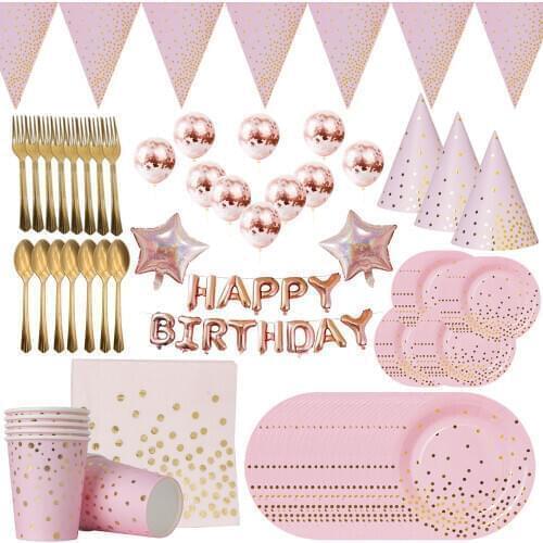 Rose Gold Dot Party Disposable Tableware Party Cup Plate Straws Caps 1st Birthday Party Decorations Wedding Adult Party Supplies