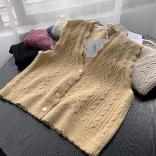 Knitted Vests for Women Spring Soild V Neck Korean Single Breasted Braid Sweater Vest Sleeveless Cardigan Womens Vest Waistcoat