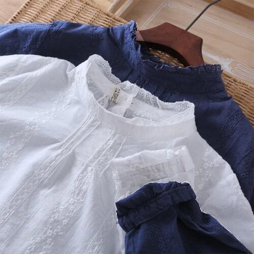 Lamtrip Unique Back Button Cotton Embroidery Lacing Stand Collar Long Sleeve Shirt Blouse Female