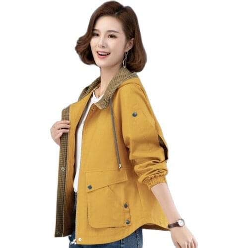 Women Spring Autumn Short Hooded Jacket 2021 Female New Korean Loose Coat Small Mother Casual Splicing All-match Cotton top A620
