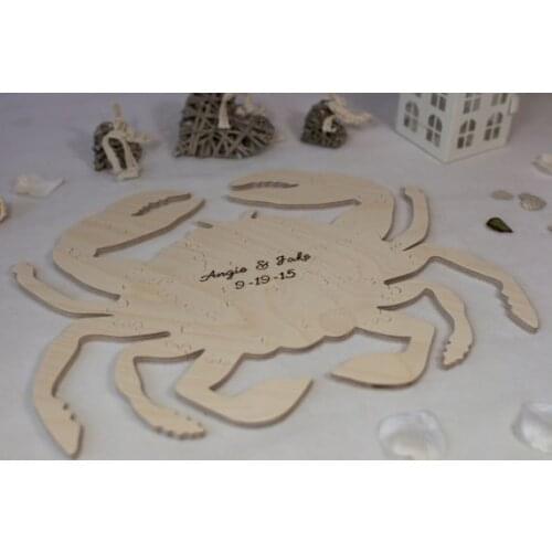 Custom initials Crab Shaped alternative rustic puzzle wedding day guest books Wooden guestbooks Reception party favors