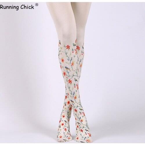 RUNNING CHICK Flowers And Birds Print Women Pantyhose Wholelsales
