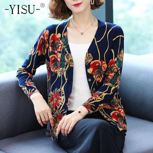 YISU Woman clothing wool Cardigan V-Neck Cardigan Flowers Printing Long sleeve Sweater Single breasted Tops Knitted Coats Female