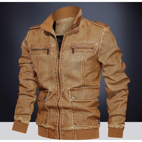 Winter Fall Fashion Cool Mens Male Stand Collar Khaki Black Blue Pu Leather Jacket Coat , Man Thick Warm Moto 6XL Coats Jackets