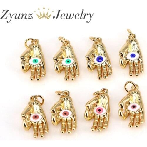 10PCS, Gold plated Brass Hand Charm, OK / Okay Gesture Pendants, Eye Enamel Gesture Pendant Small Hand Charms Jewelry Findings