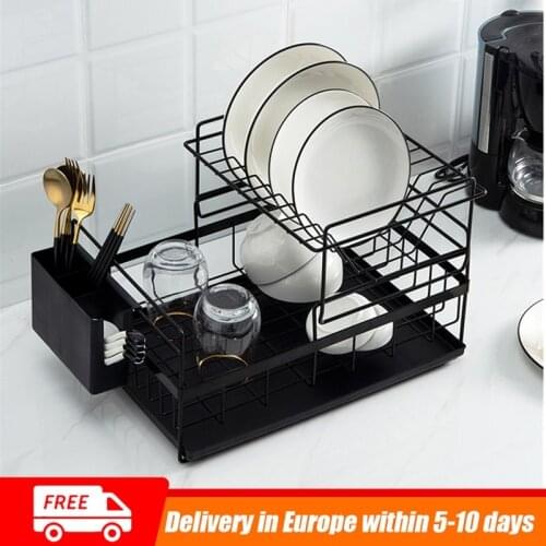 2 Tiers Kitchen Dish Drying Drain Rack Shelf Holder with Drainboard Tray Fork Cup Container Iron Organizer Drainer