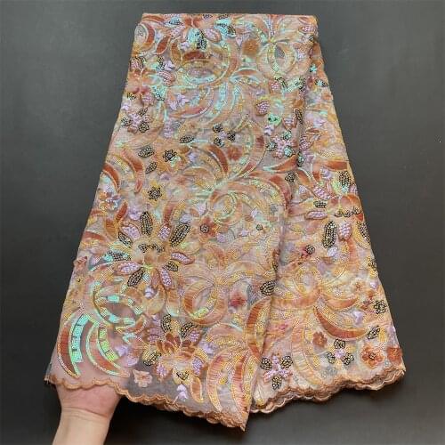 2021Latest High Quality African Nigerian Tulle Lace Fabric Sequins Embroidered Guipure Wedding Party Dress Prom Applique 5 Yards