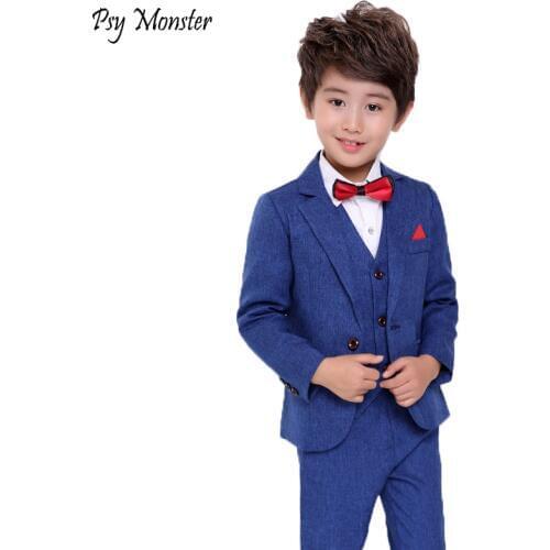 Kids 3PCS Vest+Pant+Blazer Suit for Boys Formal Party Dress Suit with Bowtie Flower Boys Wedding Performance Costume Gift N49