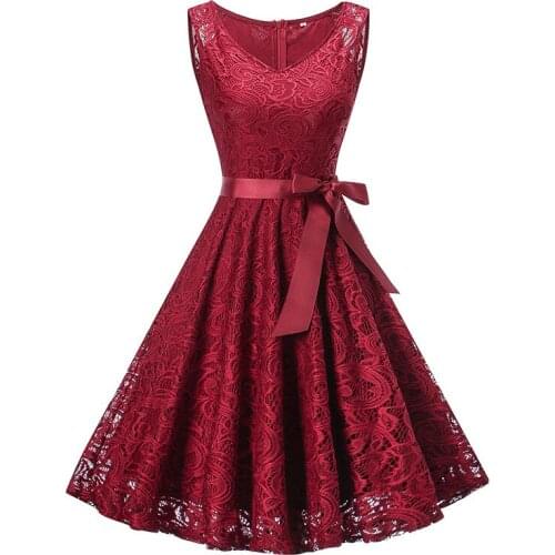 Floral Lace Elegant Party Pleated Vintage Dress 2020 Women Sleeveless V-Neck Sexy Dresses Robe Retro 50s Summer Big Swing Dress
