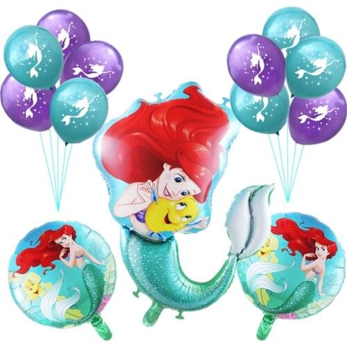 14pcs mermaid Ariel cartoon disney princess foil balloons 10 inch latex baby girl pink air baloes birthday party decor kids toys
