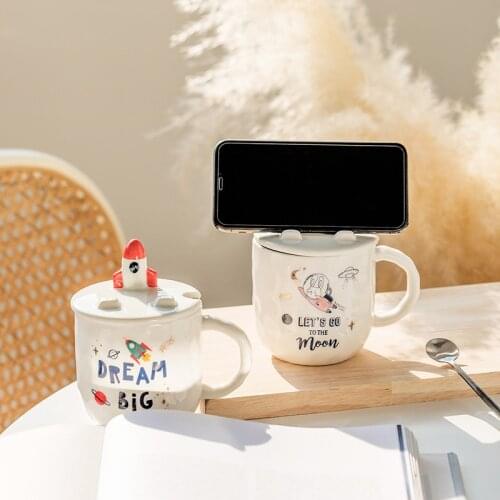 Mobile phone holder ceramic mug with lid spoon cute space coffee cup couple cup creative home cup coffee mug tumbler cup CL51309