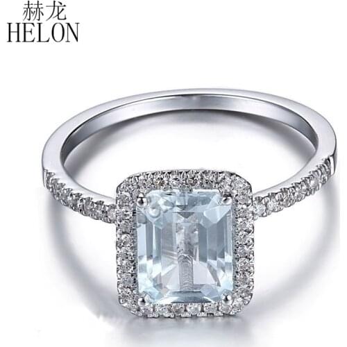 HELON Solid 10K White Gold Cushion 8x6mm Natural Aquamarine & Diamonds Engagement Wedding Ring Women Trendy Fine Jewelry Gift