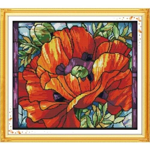 Joy Sunday Poppy Handmade Embroidery Needlework Set Fabric Stamped Pattern 11CT 14CT Printed Counted Home Decor Cross Stitch Kit