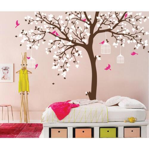Bird Cage Tree Nursery Room Decor Baby Room Wall Decal Large Tree With Birds Leaves Wall Stickers For Kids Room Wall Tattoo D371