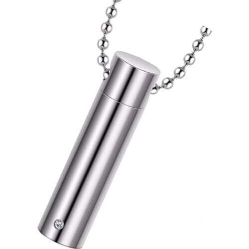Dropship Cylinder Crystal Memorial Urn Pendant Slide Screw Opens Necklace Ash Case Holder Stainless Steel Jewelry for men