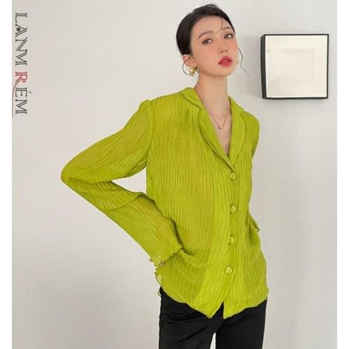 LANMERM Green Color Retro Design Niche Pleated Shirt Female 2021 Summer Autumn Loose Casual Single Breasted Top 2W2946