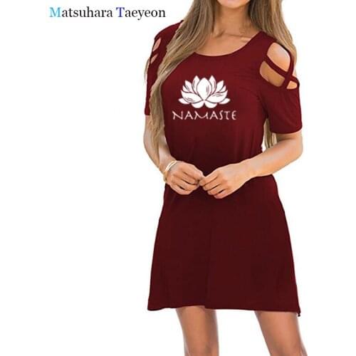 Fashion Women Clothing Namaste Print Dresses Women Top Short Sleeve Female Tops Clothing Irregular Skew Cross Bandage Dress