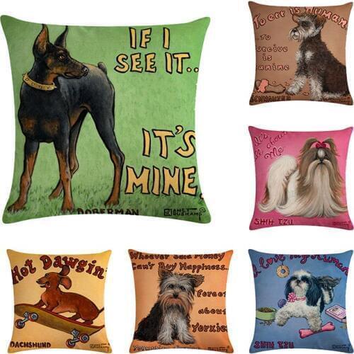 Cartoon Dog With Letter Printed Cushion Cover Cotton Linen Pillowcase Decorative Cute Animal Throw Pillow Cover for Sofa
