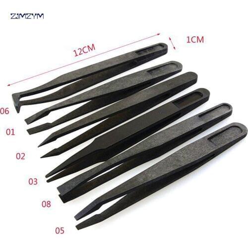 Multifunction Black New Portable Straight Bend Anti-static Plastic Tweezer Heat Resistant Repair Tool Pointed,flat,elbow head